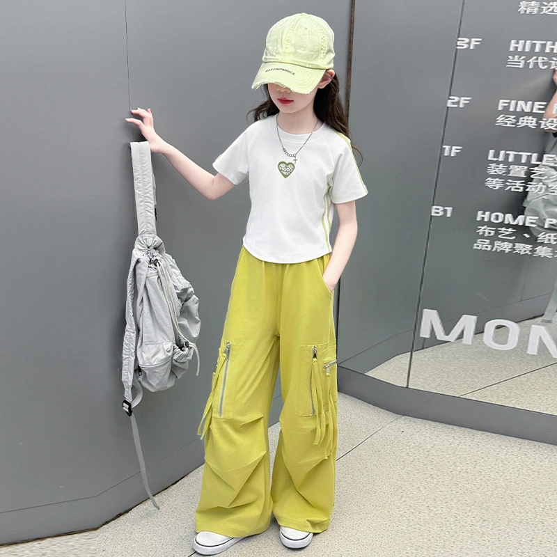 女童夏季工装裤套装2025新款6-12岁15岁中大童洋气时髦短袖阔腿裤