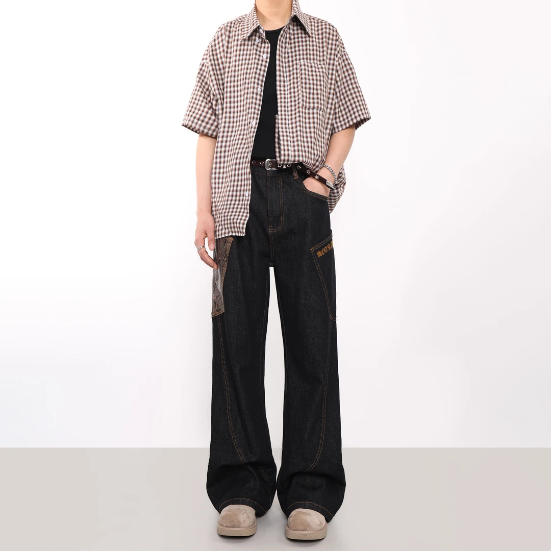 MKSN 蛇年限定【原牛黑曼巴蛇纹】百搭微喇黑色牛仔裤cleanfit裤子