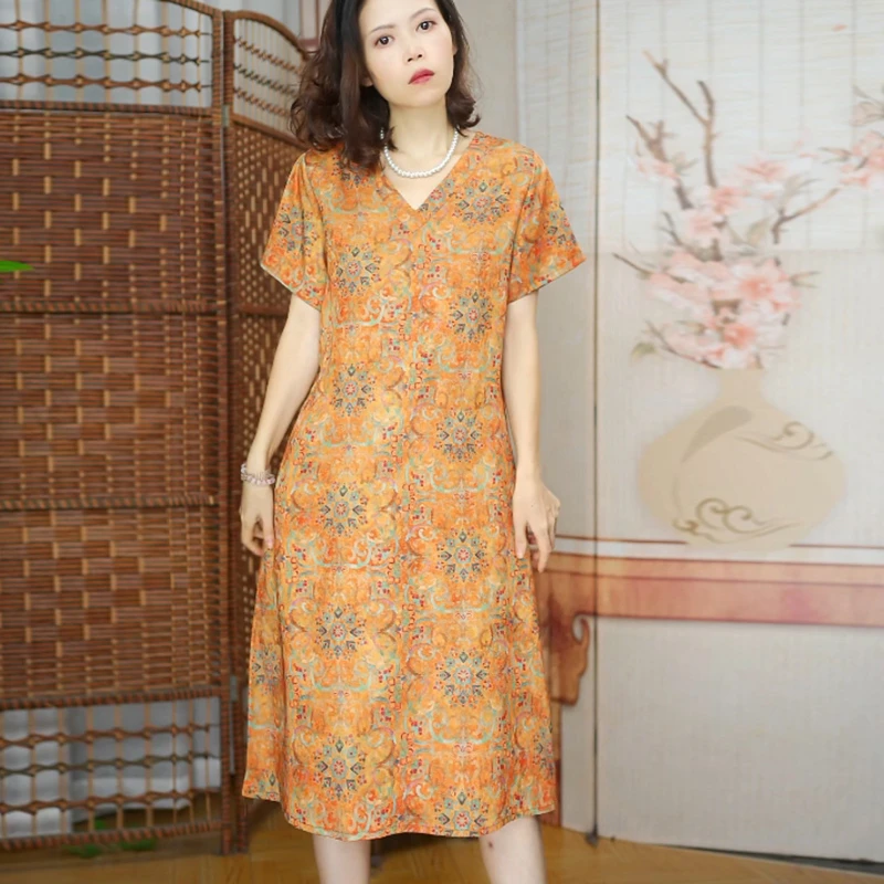 96  桔色花朵 女装连衣裙提花裙子大码显瘦气质时尚夏季宽松复古
