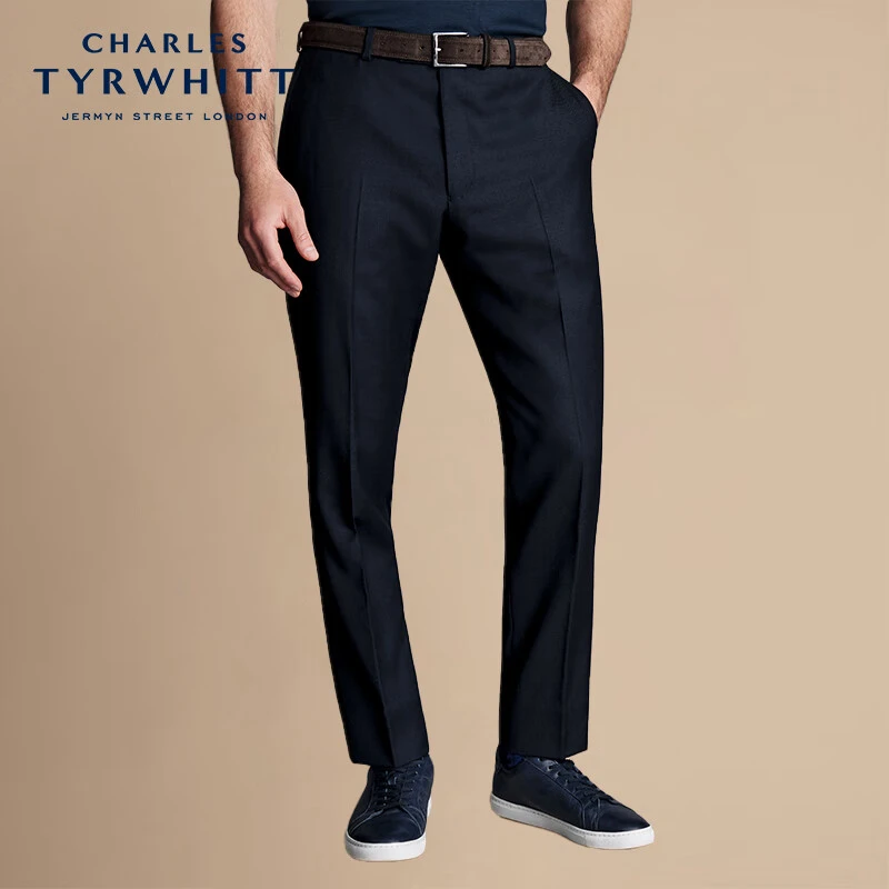 CHARLES TYRWHITT【100%羊毛】修身版型海军蓝微弹斜纹西裤男士