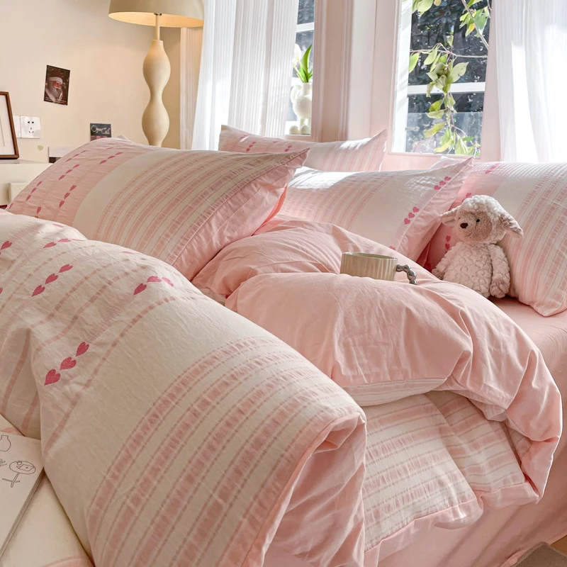 爱心-粉 春夏秋新款A类水洗色织提花纯棉100%全棉四件套透气柔软