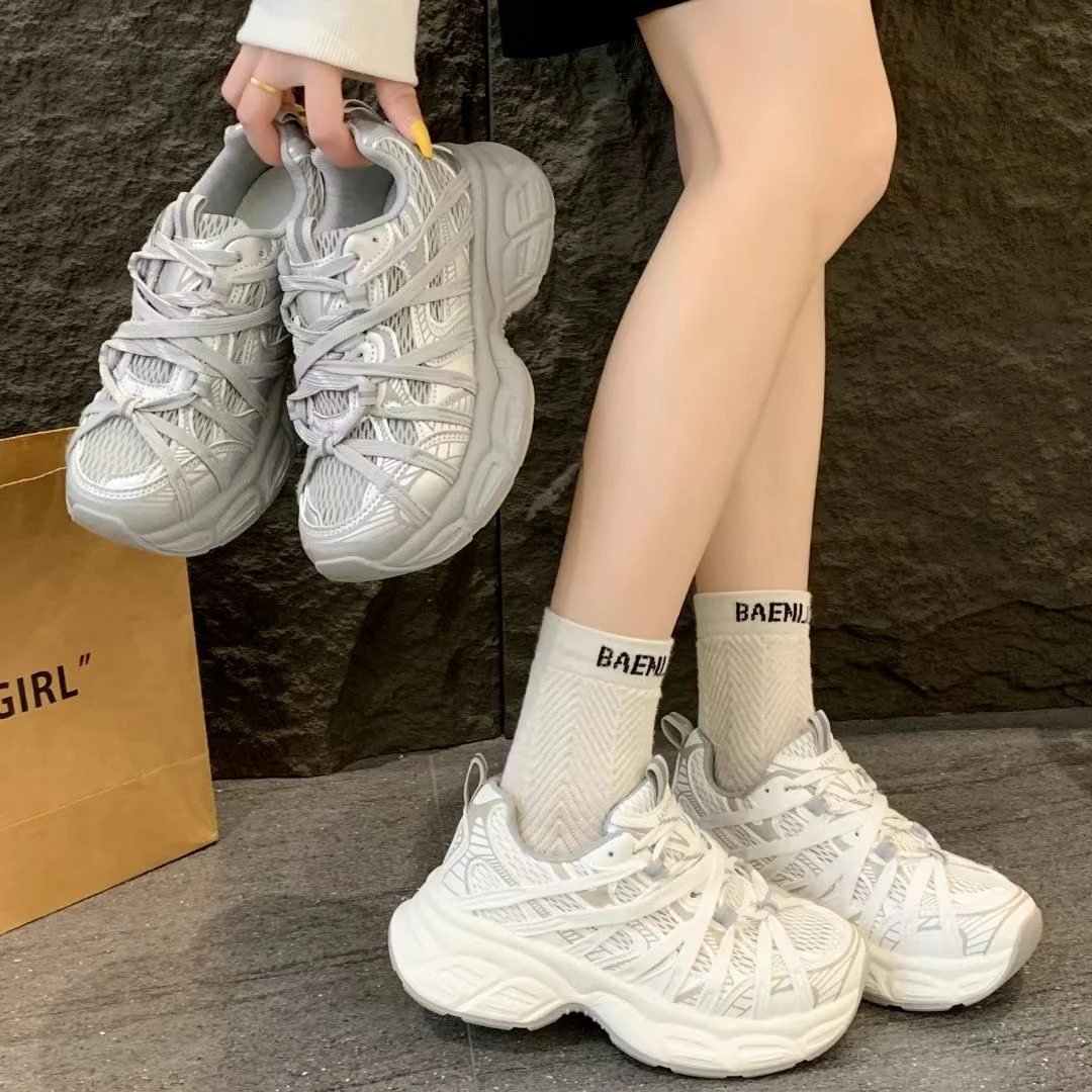 爆款绑带老爹鞋女2025春夏新款网面增高透气跑步运动休闲鞋888-69