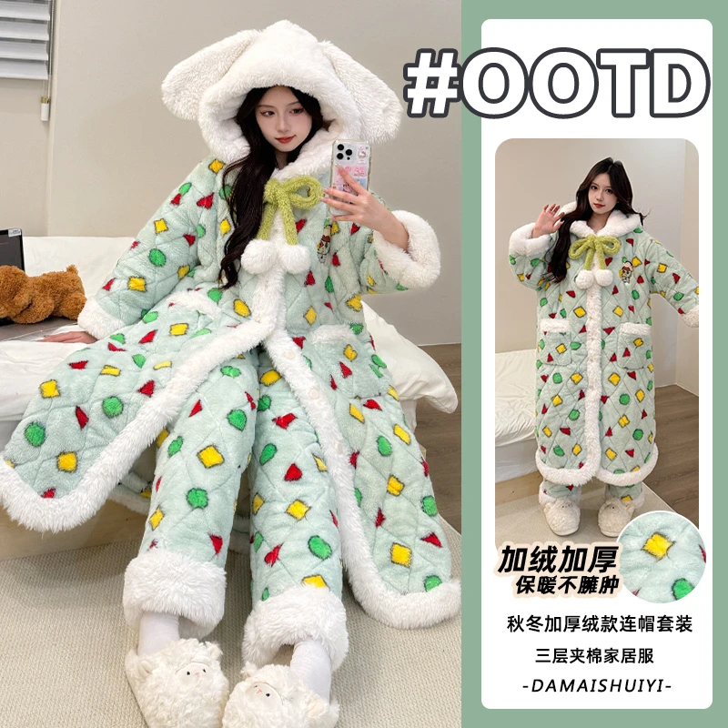 Nuodun/诺盾2025冬季新款加厚睡袍三层夹棉保暖连帽家居服可外穿