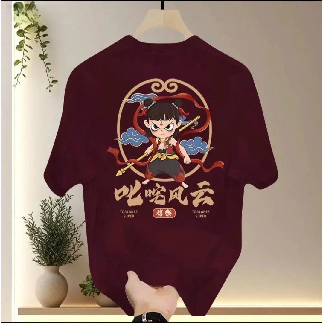 休闲百搭宽松潮流T纯棉2025款哪吒印花男圆领短袖T恤夏季国潮个性