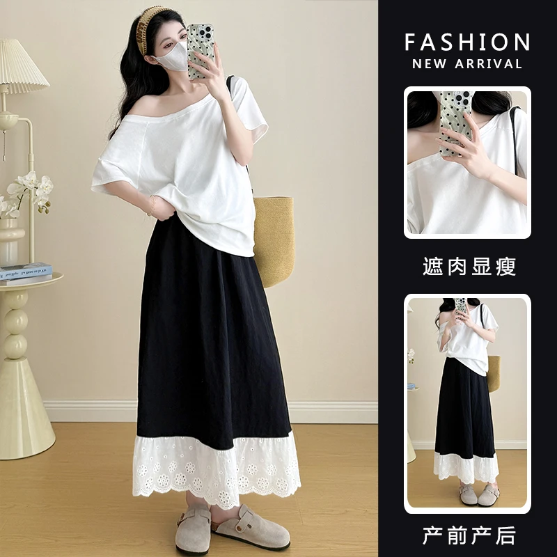 设计感孕妇装夏装斜肩白色T恤+遮胯显瘦无托腹孕妇半身裙两件套夏