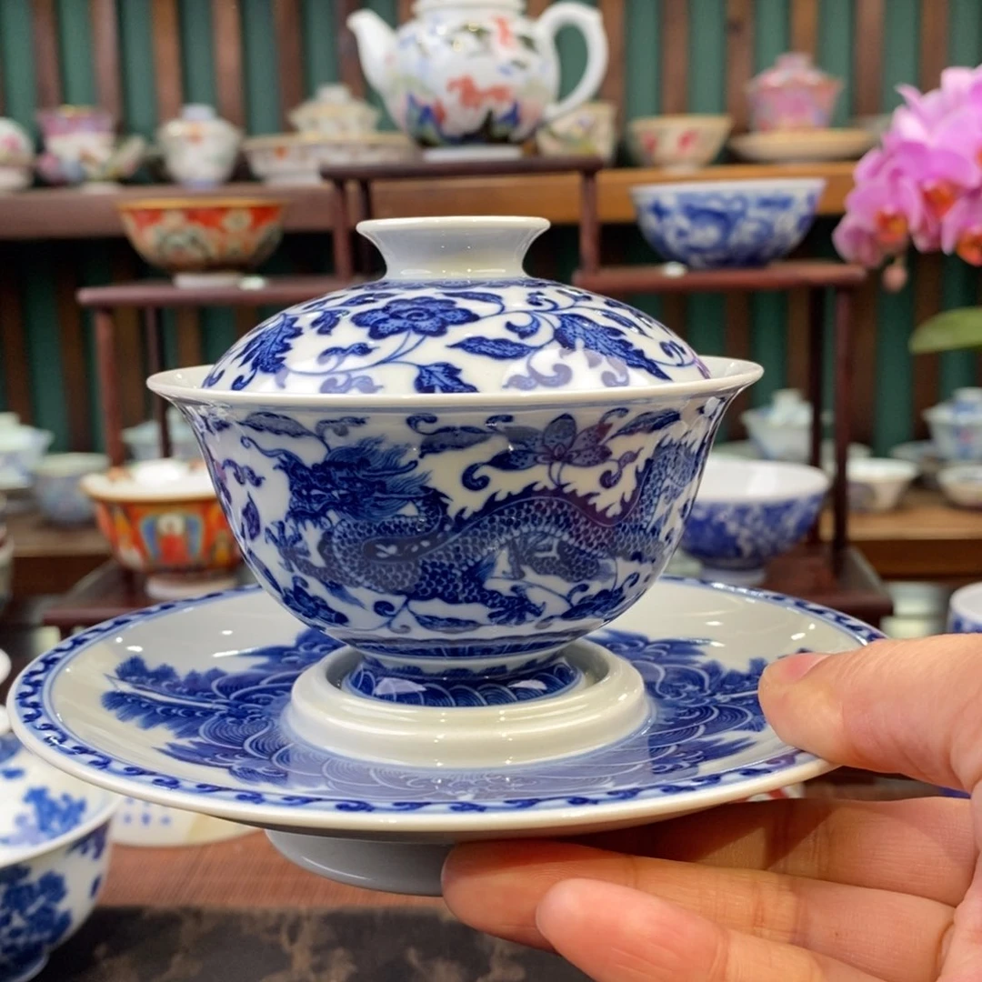 手工陶瓷柴窑缠枝龙凤盖碗