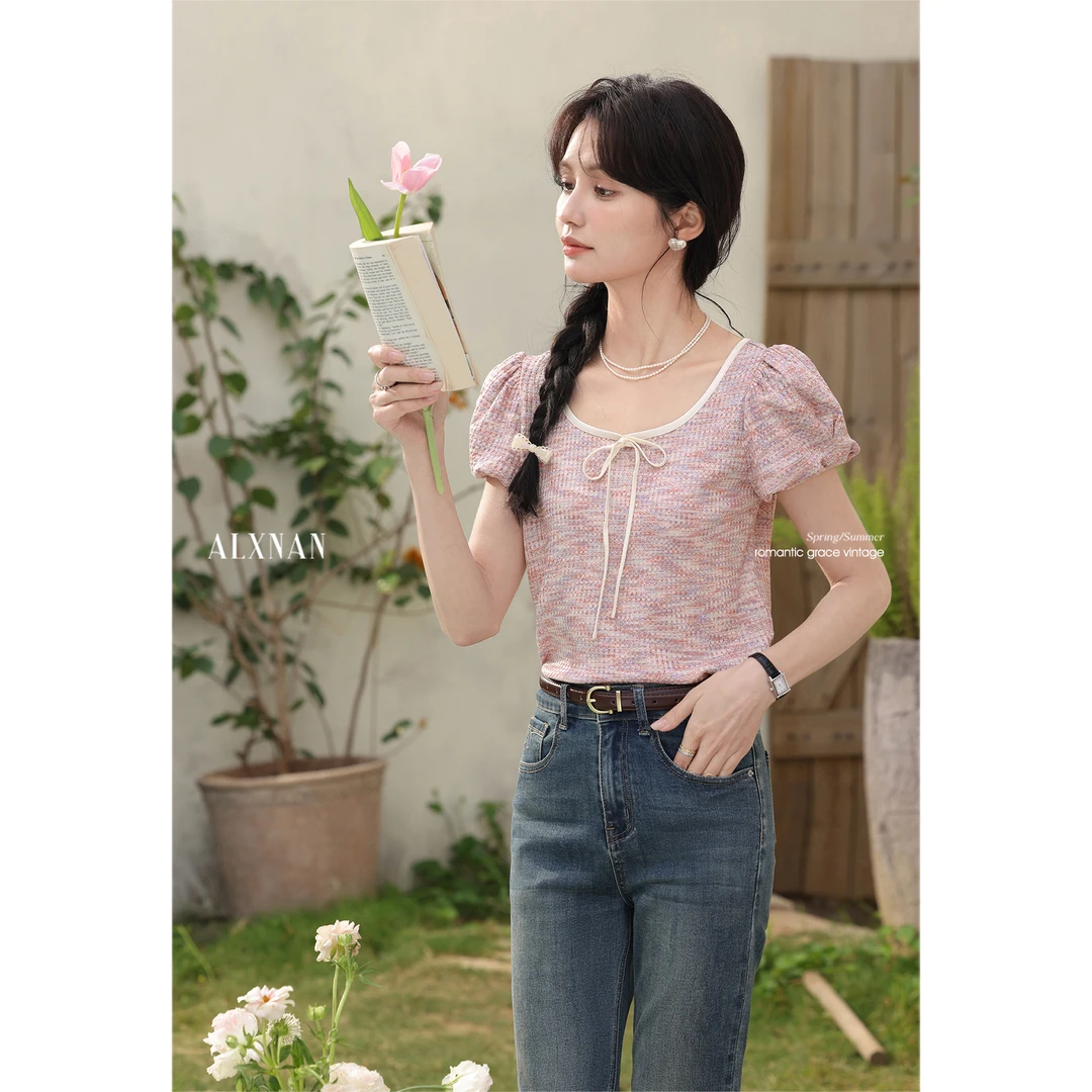 【品牌撤柜款ZB】法式休闲粉紫色T恤女短袖U型领泡泡袖夏上衣L55051