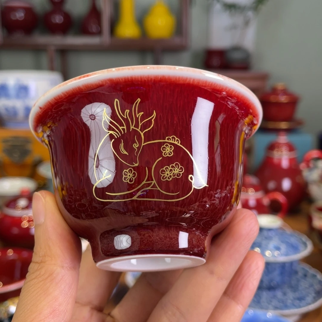 清欢雅玩原矿郎红描金小压手杯