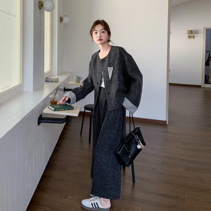 高级感撞色小香风西装阔腿裤2025秋冬新款松弛感韩系ins风两件套