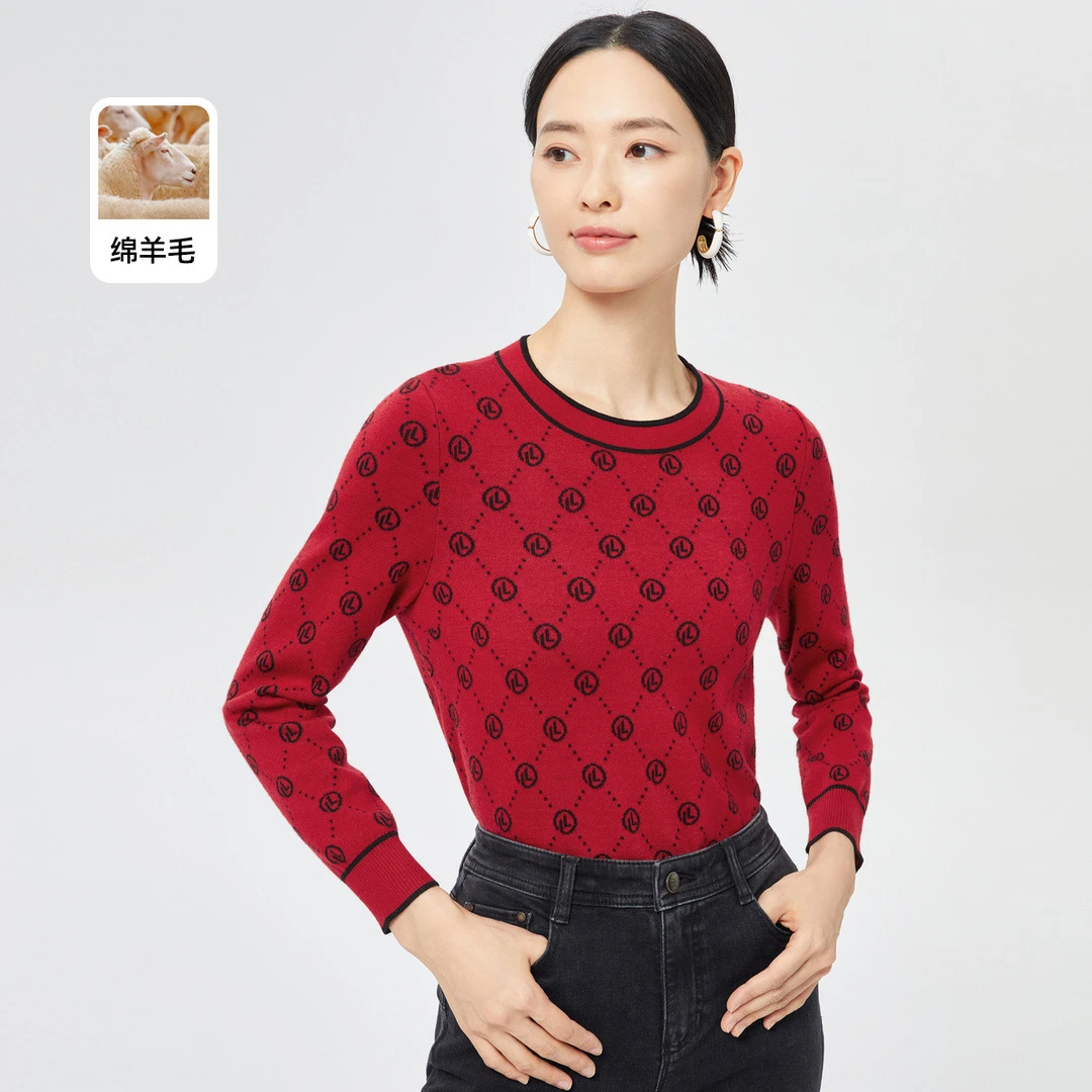 【岚岚专属】春秋复古高级感显白红色洋气格纹圆领保暖通勤针织衫女
