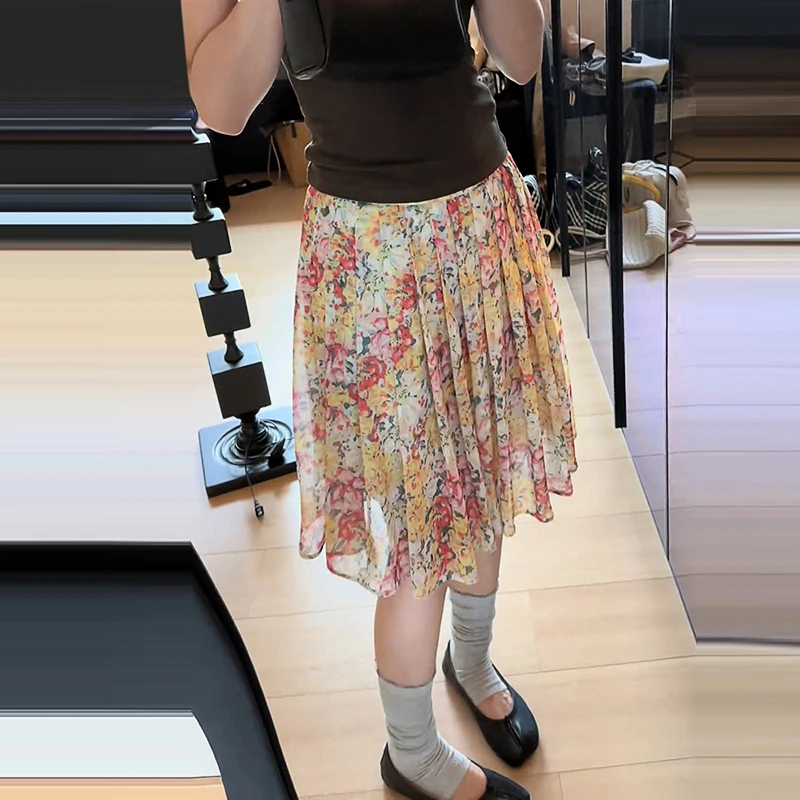 韩系复古花色半身裙女装夏季2025新款高腰A字碎花中长裙温柔伞裙