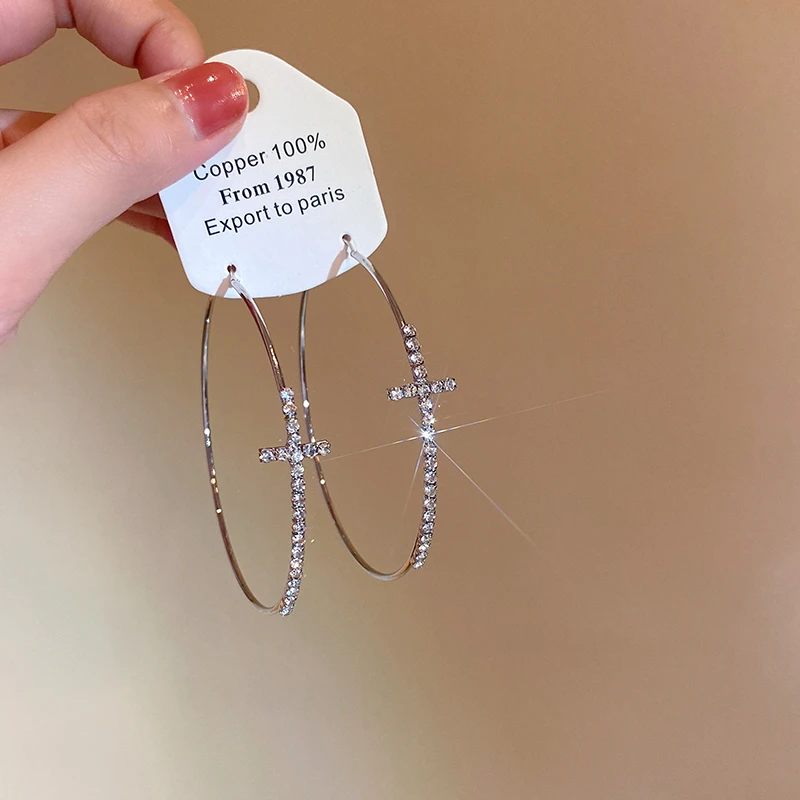 合金耳饰 夸张闪钻十字架圈圈耳环女小众设计感耳钉辣妹个性耳饰