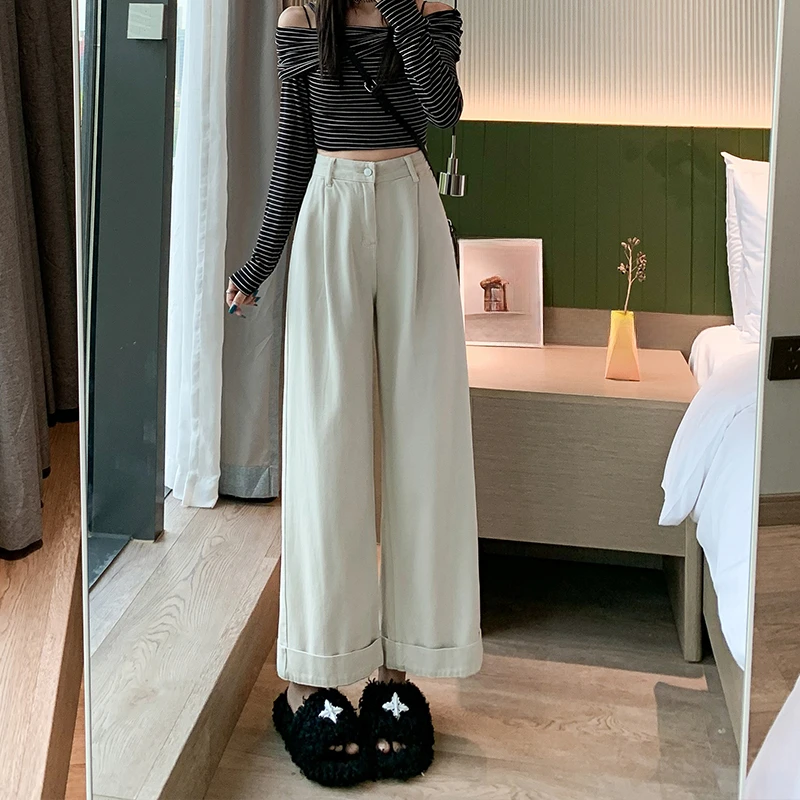 米白色裤子直筒女春夏新款宽松显瘦小个子时尚九分卷边阔腿牛仔裤