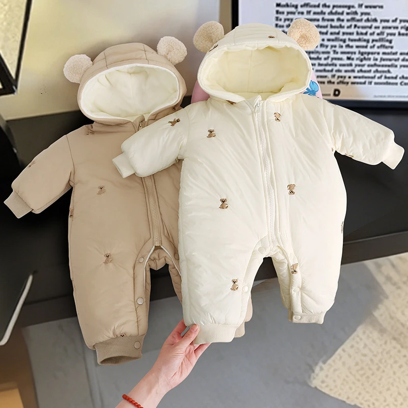 婴儿冬装加绒加厚连体衣男女宝宝满月冬季可爱超萌羽绒棉衣爬服