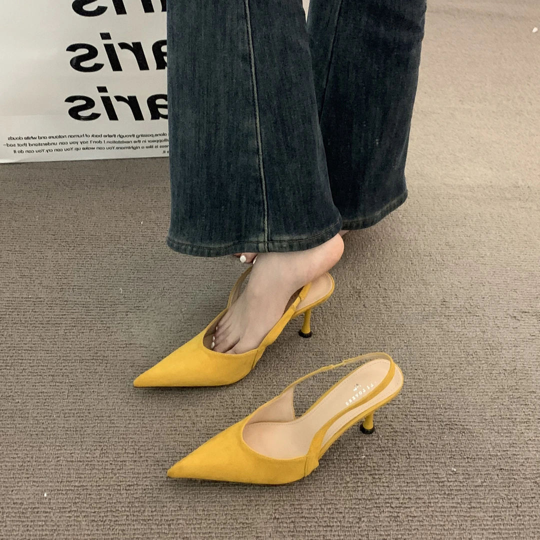 法式气质绒面包头3-5厘米女鞋子2025春夏季配裙子细跟黄色晚晚鞋