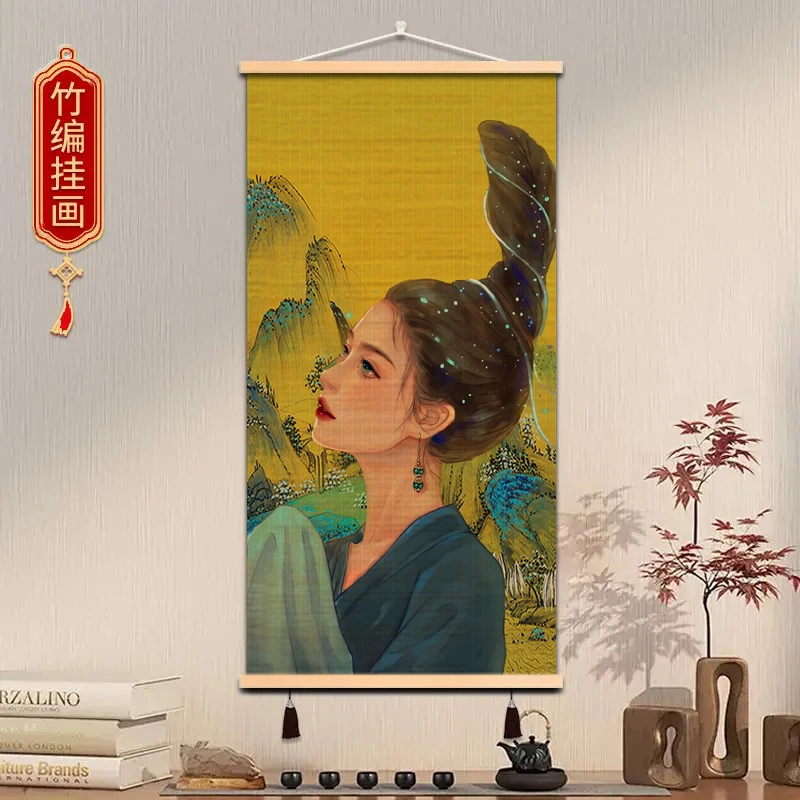 【少女画像】好寓意玄关客厅茶室书房竹编挂画虔诚少女图