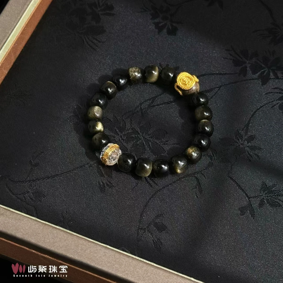 【要努力】F538 黑曜石银S925镶嵌 金曜棕水手串