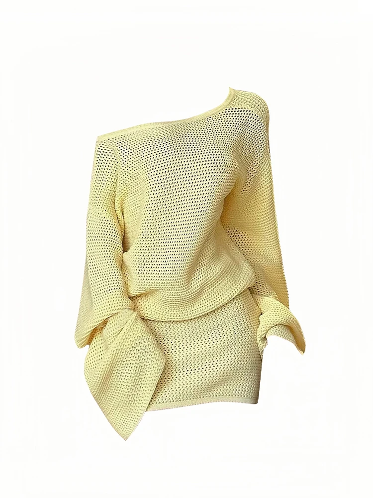 秋季鹅黄色薄款针织衫上衣奶fufu慵懒高级感超好看斜肩套头连衣裙