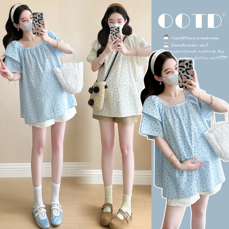 2025新款孕妇韩版甜美洋气波点宽松娃娃衫上衣+托腹短裤时尚大码