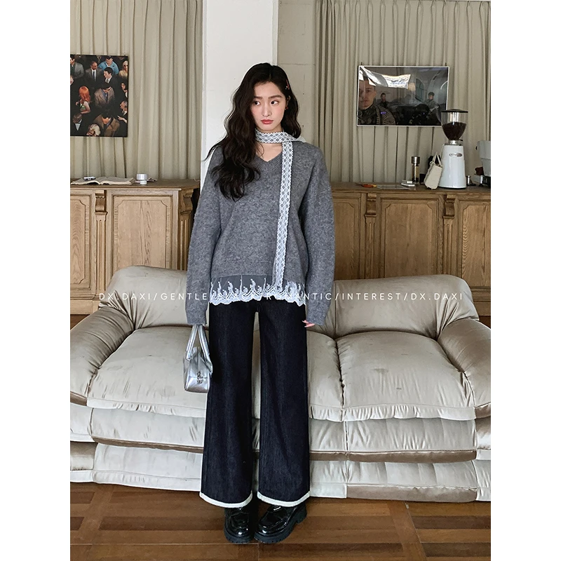 代大喜【原色牛牛】加绒牛仔裤女百搭新款直筒裤子宽松显瘦阔腿裤