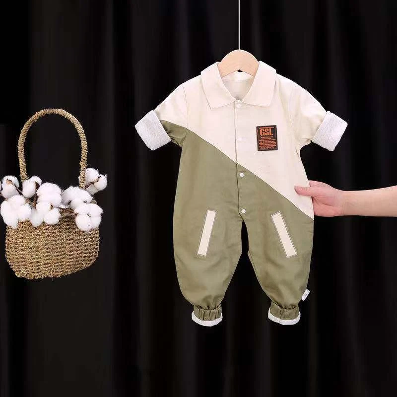 婴幼儿春秋双层哈衣软牛仔斜分休闲风哈衣爬服