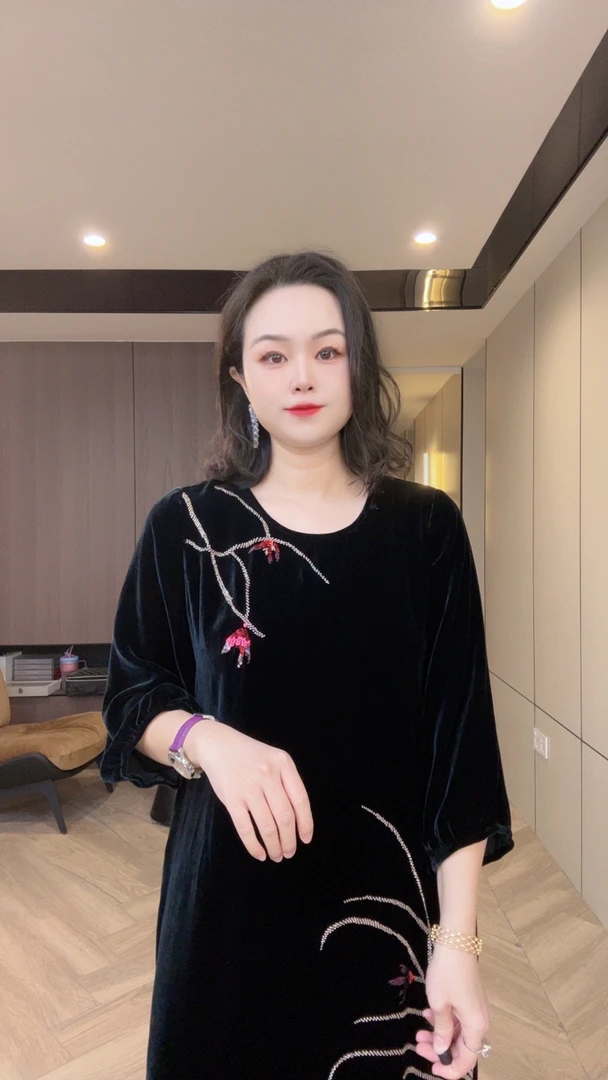 YS152玉兰花散片真丝丝绒桑蚕丝连衣裙百搭中长裙显瘦款m116