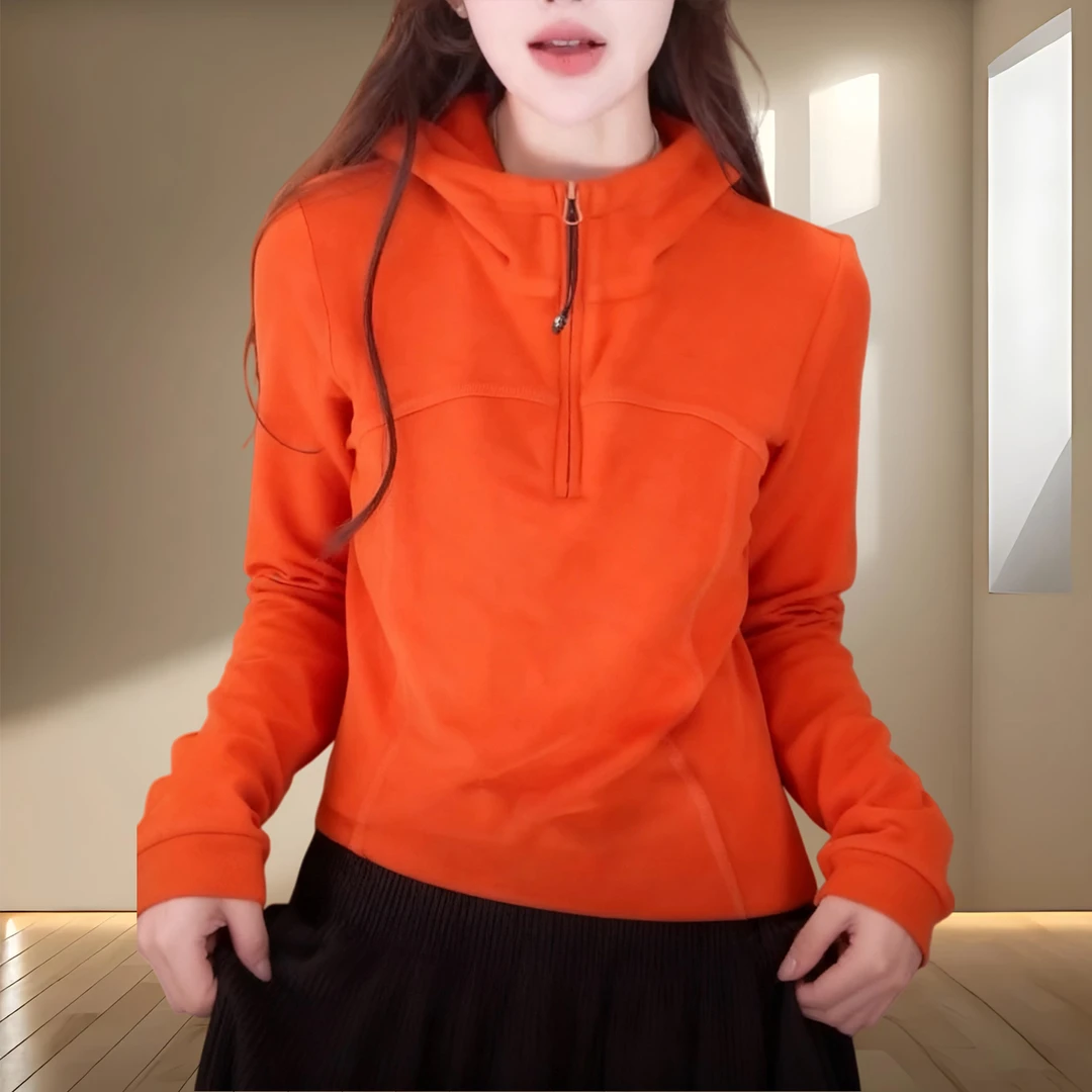 常规款轻职风套头长袖收腰遮肚打底衫休闲炸街拉链拼接连帽T恤衫