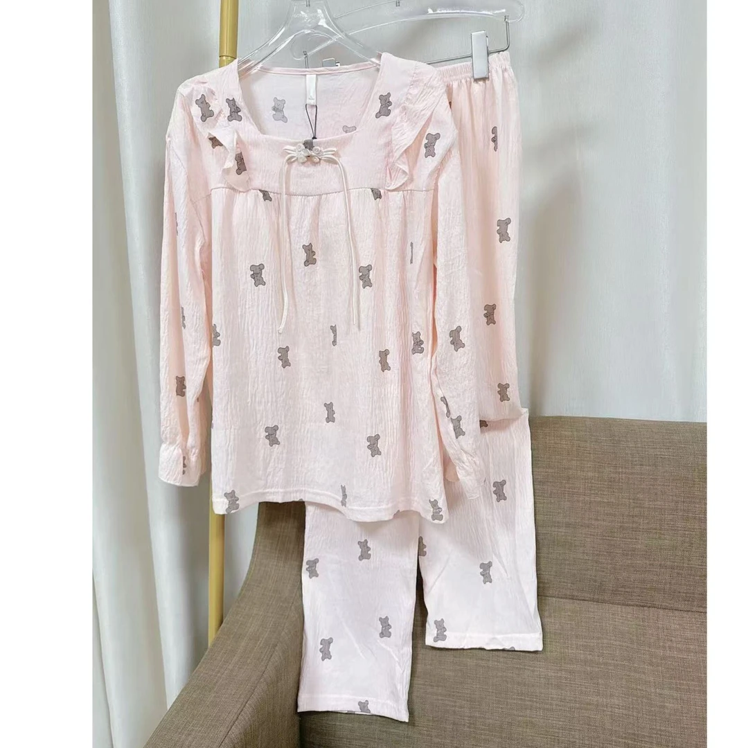 睡衣春夏长袖带胸垫简约宽松甜美可爱公主风家居服套装57014C