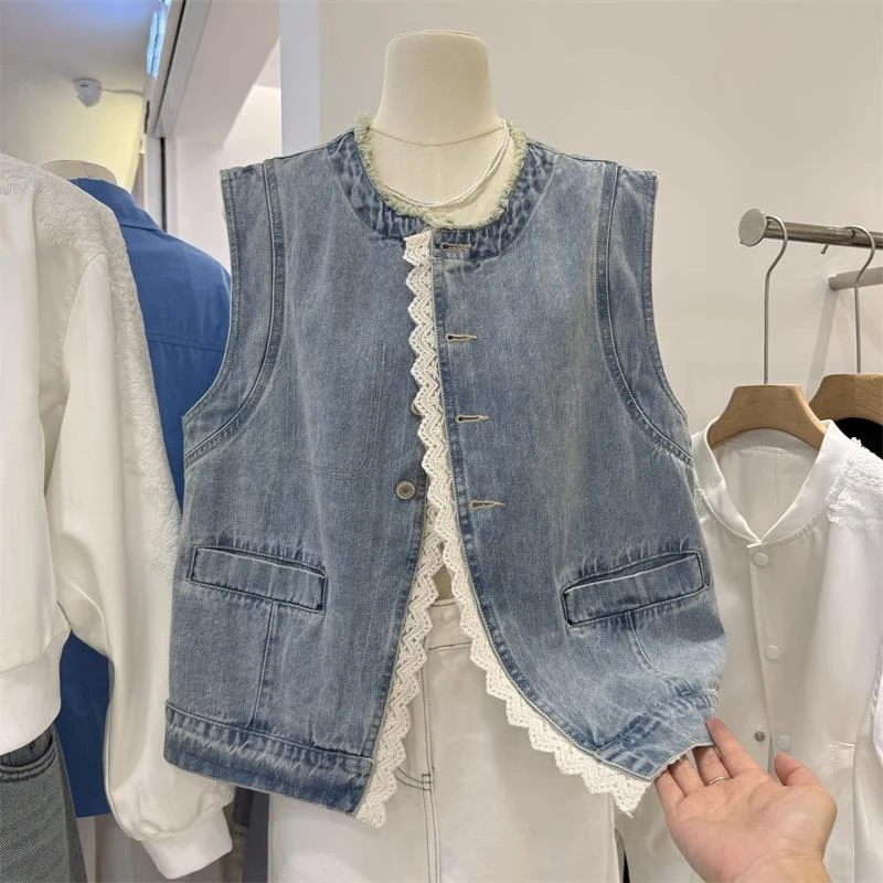 韩系甜美风蕾丝花边牛仔马甲外套女春秋宽松洋气减龄无袖坎肩上衣
