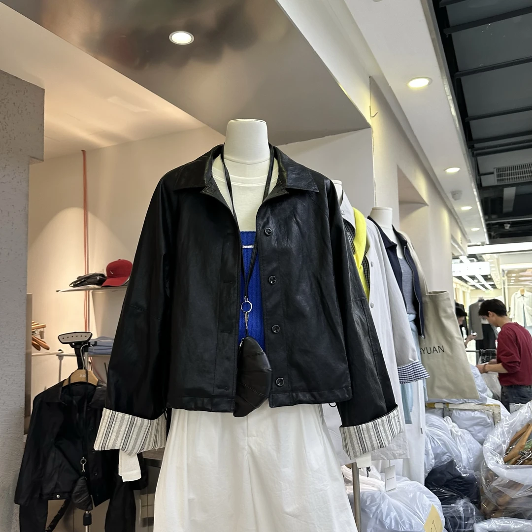 韩系复古卷边拼接条纹PU皮衣外套女2025早春新款宽松休闲夹克上衣