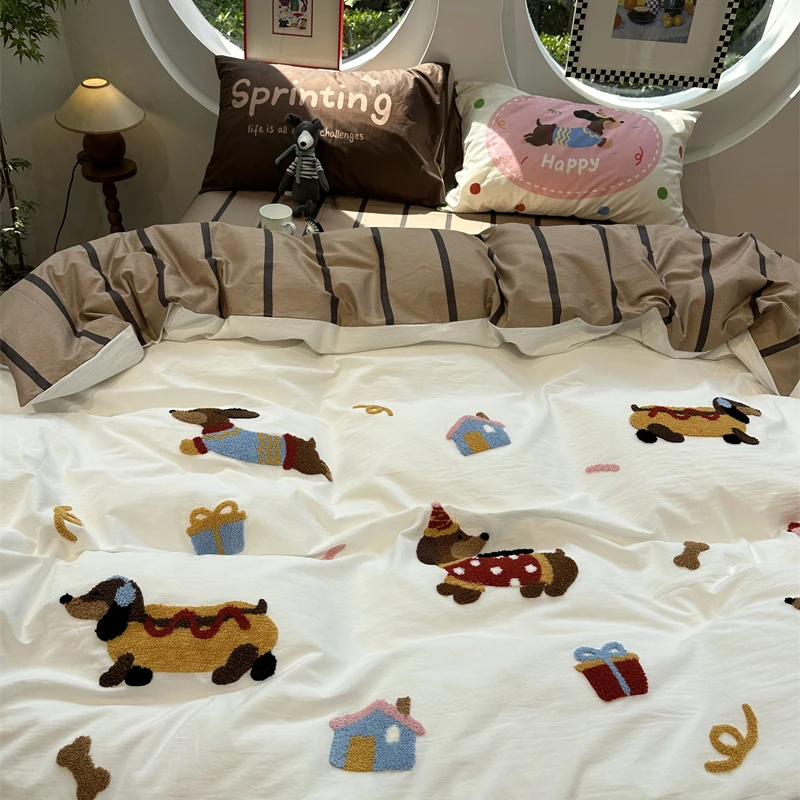 易安阁ins风水洗棉彩色小狗狗毛巾绣四件套1.5m1.8米床单三件套