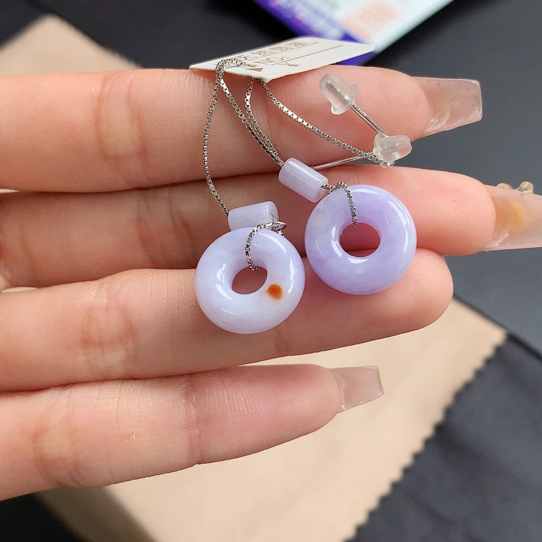 翡翠银S925镶嵌耳饰墨**嘻耳环甜甜圈一对13.7×5.1