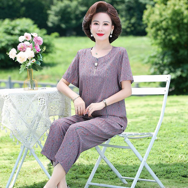 2062妈妈装夏款洋气短袖套装中老年女装显瘦气质时尚两件套