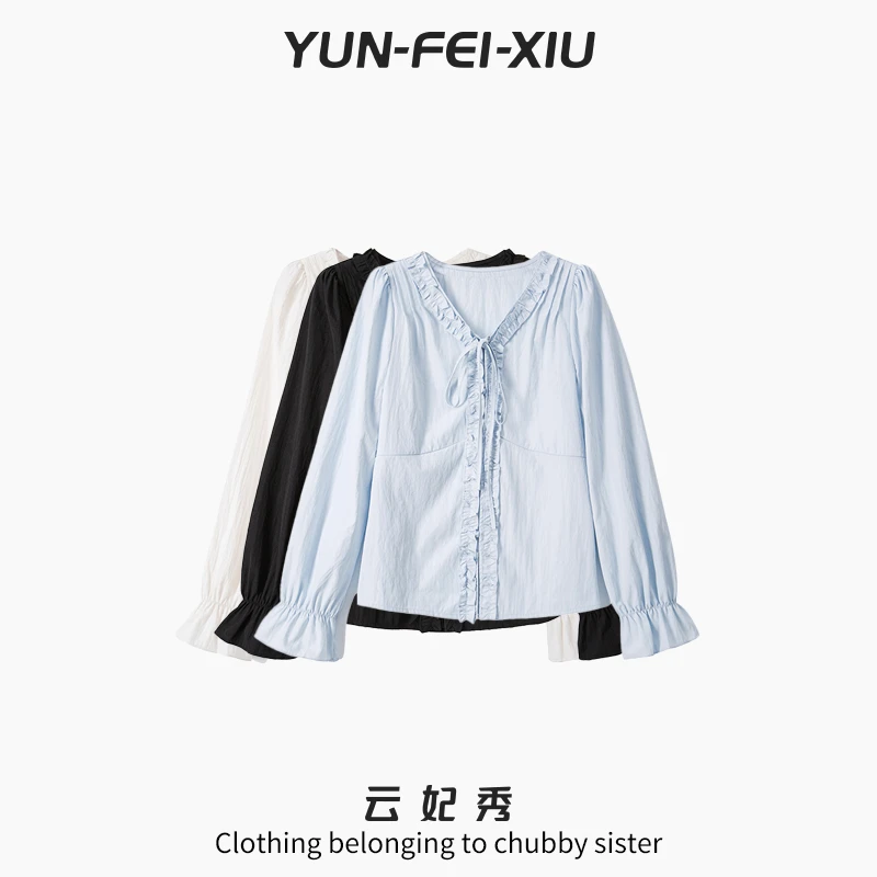 云妃秀大码女装衬衫休闲时尚胖妹妹显瘦宽松百搭V领上衣秋季80208