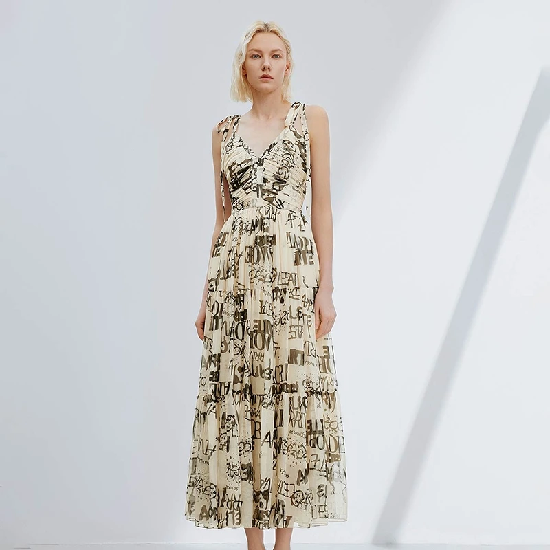 【晨粉专享价】朗姿茶歇法式度假风吊带裙收腰感气质连衣裙女年夏季