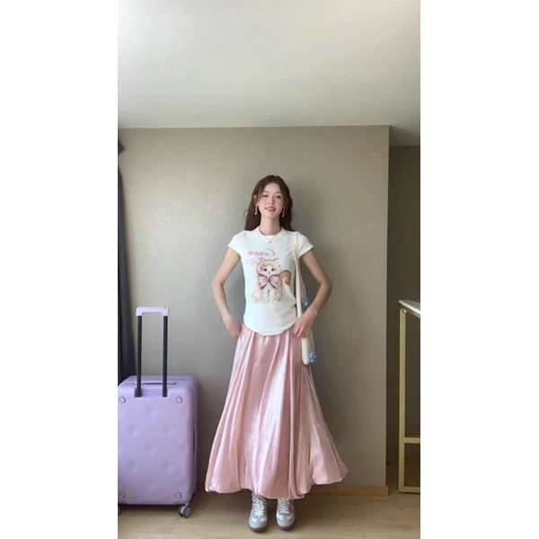 韩系少女甜美猫咪印花短袖t恤女夏季修身显瘦小众上衣裙子套装