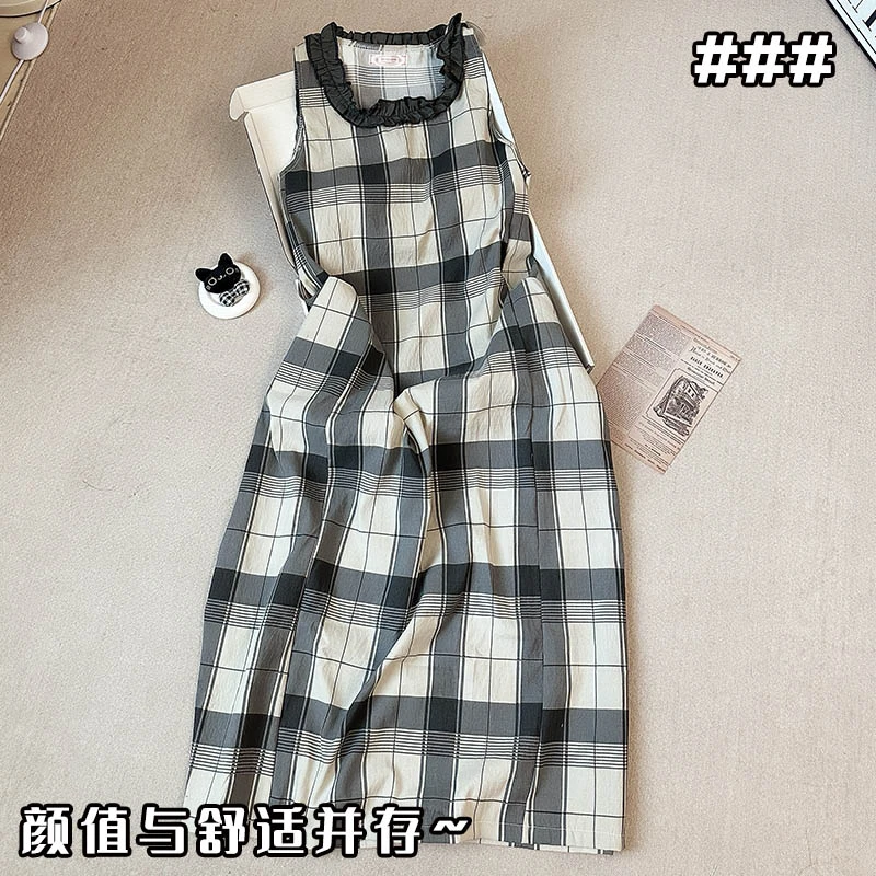 带胸垫睡裙女夏季无袖背心云朵棉睡衣夏天新款格子宽松学生家居服