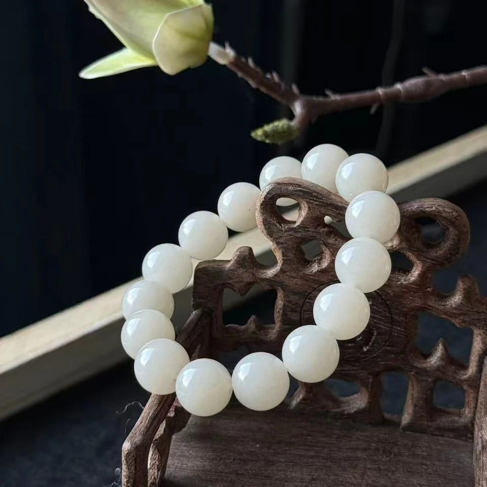 佘太翠天然石英岩质玉（佘太白）卡13圆珠造型手链 支持复检