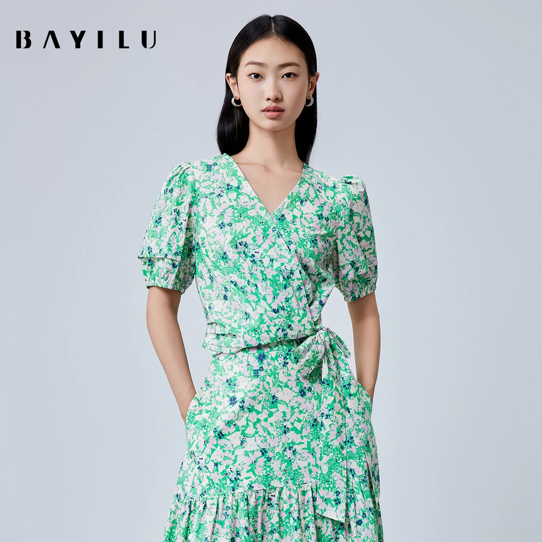 【毛毛专属】芭依璐夏季衬衫女印花短款显瘦绑带上衣90C1032