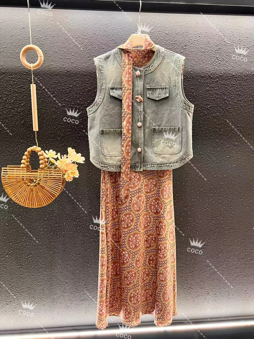 【南油COCO】夏季欧货套装裙圆领飘带牛仔马甲碎花半身裙两件套