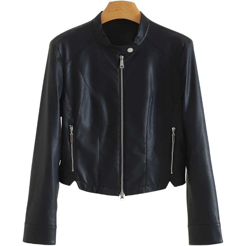 F844-【思】甜酷风立领修身拉链皮衣外套#ZSU55W013