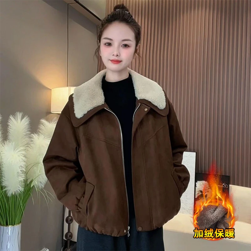 加绒加厚仿麂皮绒短外套女冬季新款洋气显瘦百搭保暖翻领夹克上衣