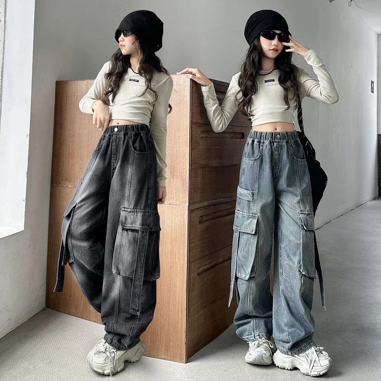 女童秋季牛仔工装裤儿童新款高腰显瘦直筒百搭复古春秋女孩休闲裤