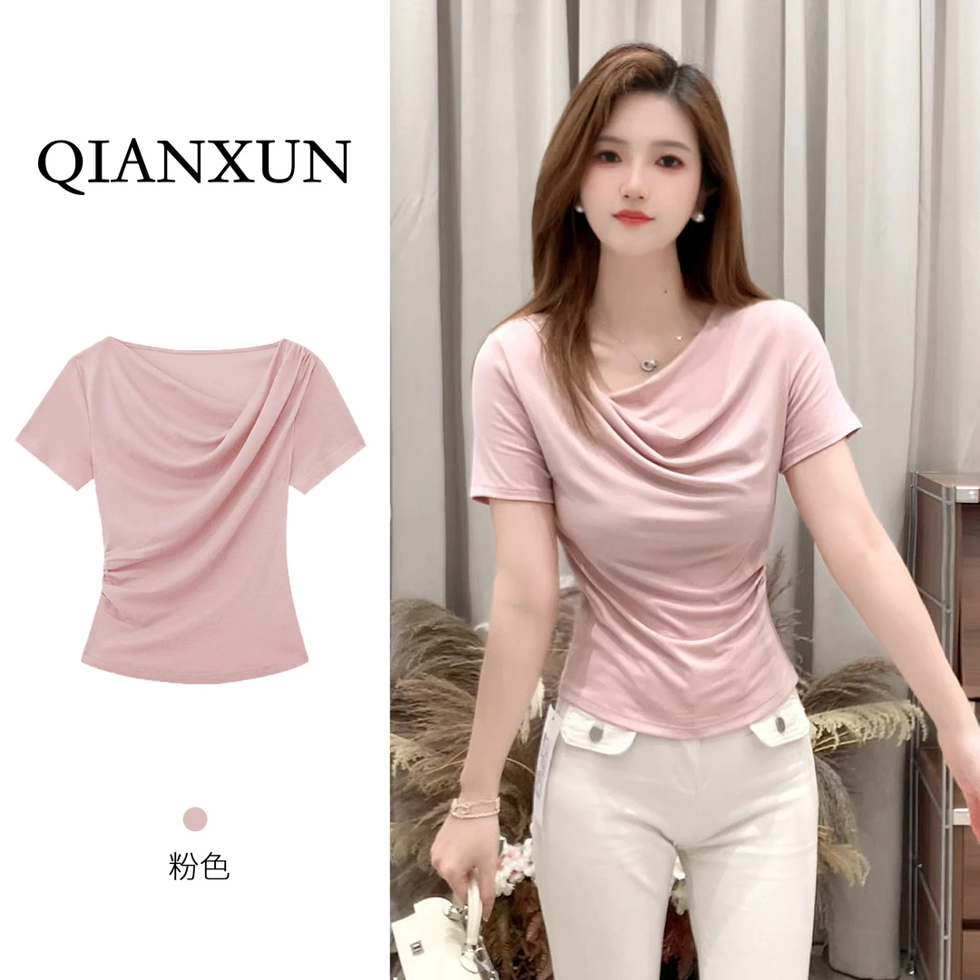 千寻家 夏季时尚不规则斜领露锁骨短袖T恤显瘦纯欲上衣女