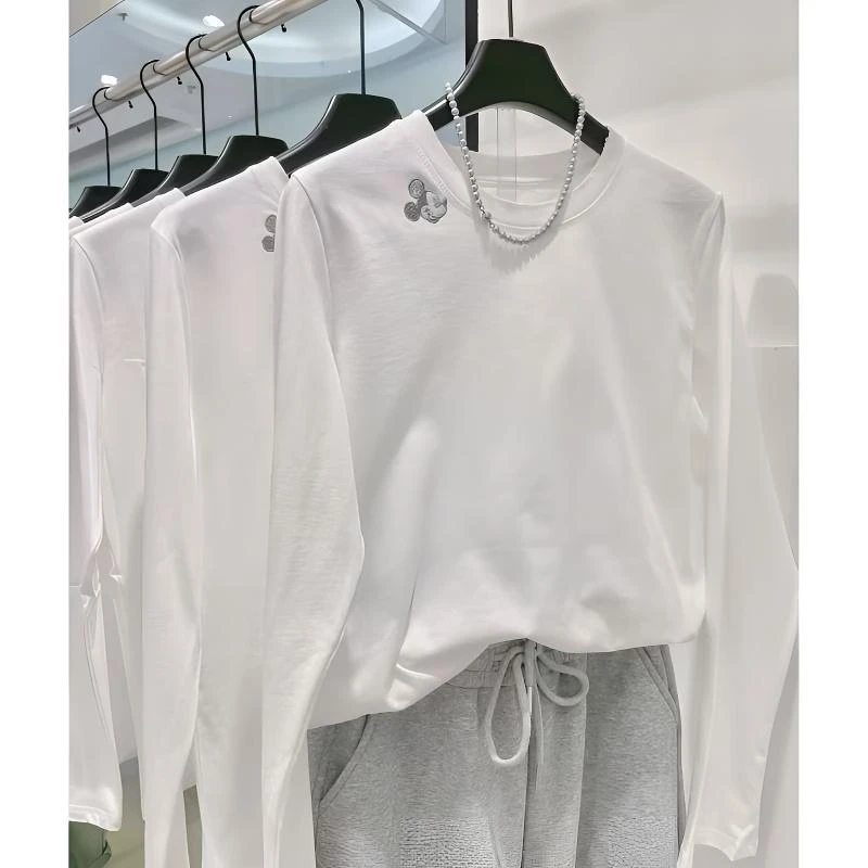 欧洲站纯棉冬季新款米奇印花t恤女时尚洋气百搭长袖圆领套头上衣