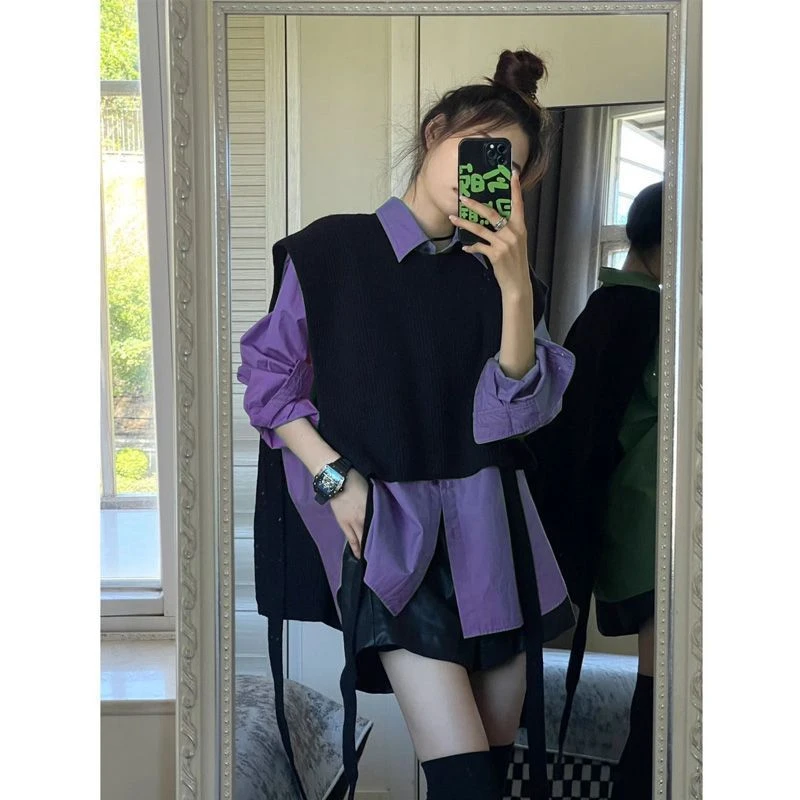 韩版休闲减龄套装女2024秋冬新款针织马甲显瘦衬衫短裤三件套装潮