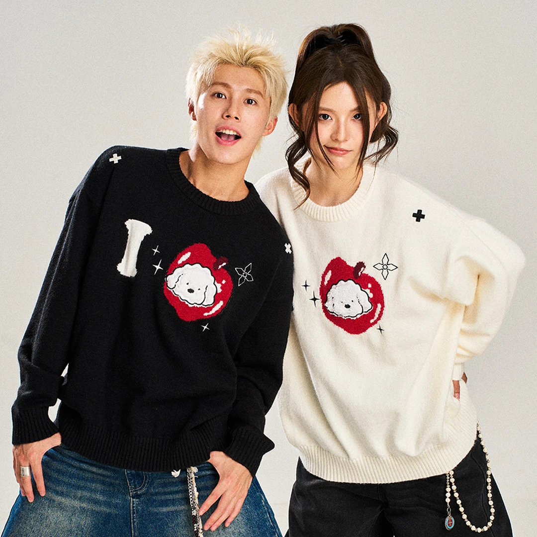 NSTNEW START发芽计划i苹果小狗刺绣提花正肩圆领套头毛衣情侣款