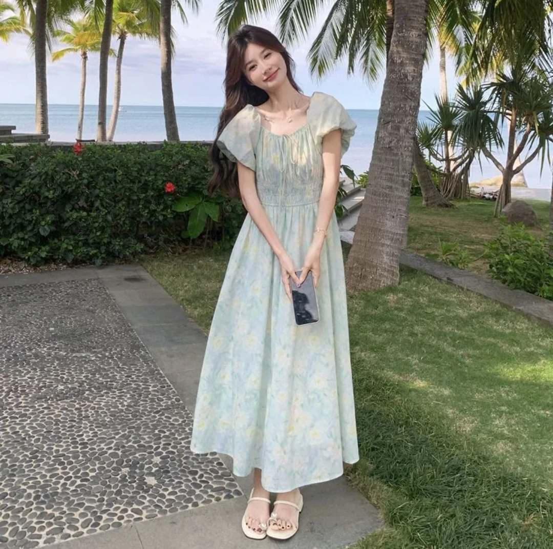 夏季法式复古收腰碎花露肩高腰少女显高a字连衣裙【杂款女装链接】