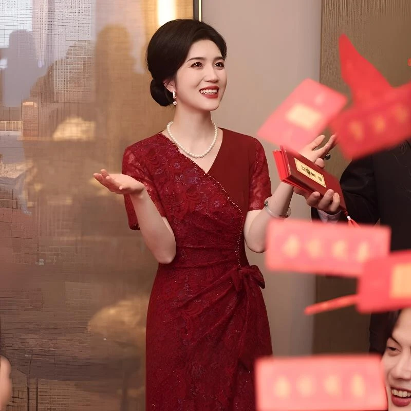 喜婆婆婚宴装宴会连衣裙红色2025新款喜妈妈敬酒服新娘订婚礼服女