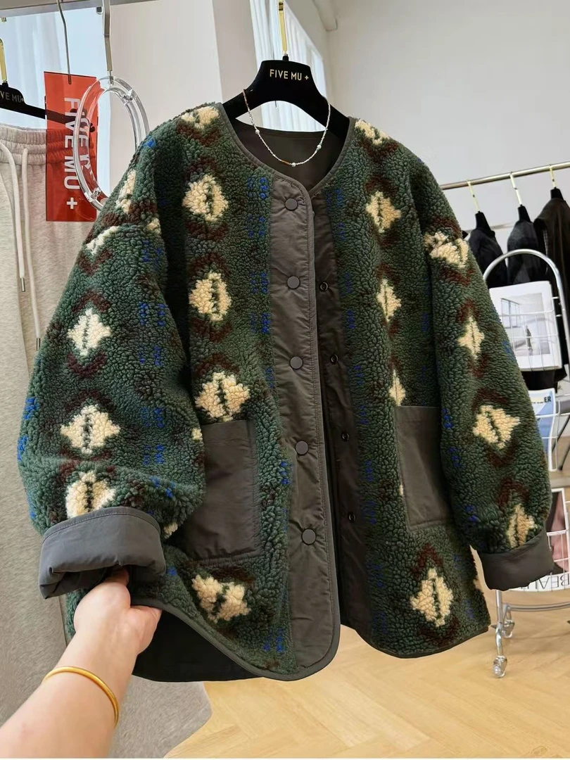 两面穿羊羔毛绒外套女2025秋冬季新款复古印花中长款加厚毛毛大衣